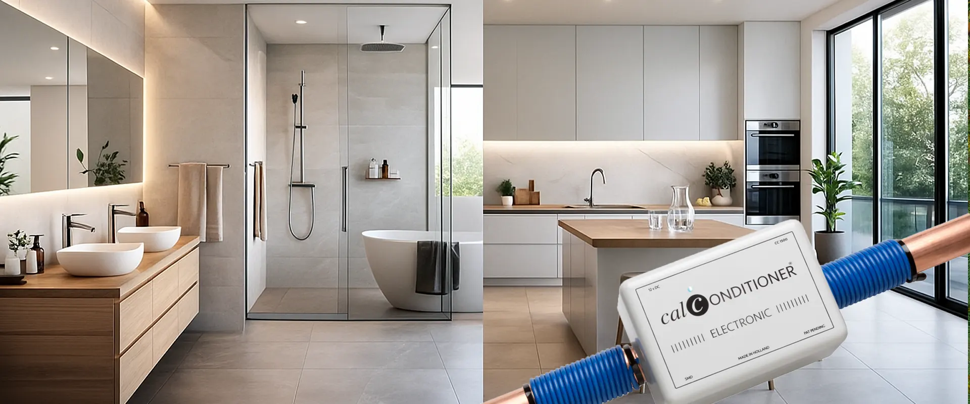 Modernes Badezimmer und moderne Küche. Calconditioner ist die ideale Lösung als Entkalker zur Reduzierung von Kalkablagerungen und als Wasserenthärter zur Vorbeugung von hartem Wasser.