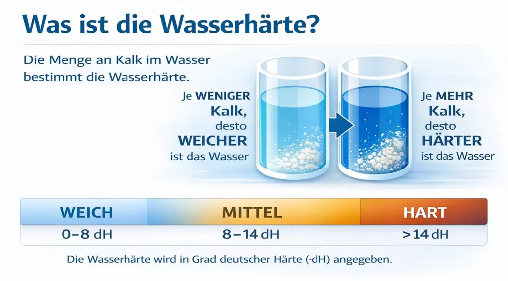Infografik zur Erklärung der Wasserhärte mit Einteilung in weich, mittel und hart in Grad deutscher Härte dH.