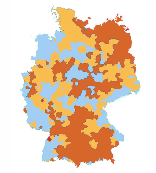 Deutschlandkarte mit der Verteilung der Wasserhärtebereiche weich, mittel und hart.