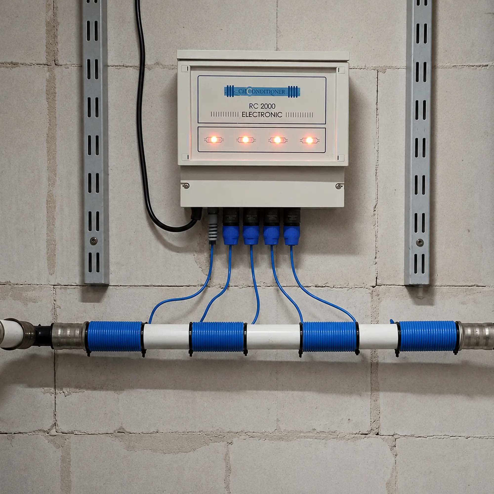 RC2000 elektronischer Entkalker an einer Wand montiert, mit vier blauen Signalspulen um eine neue Kunststoffleitung.