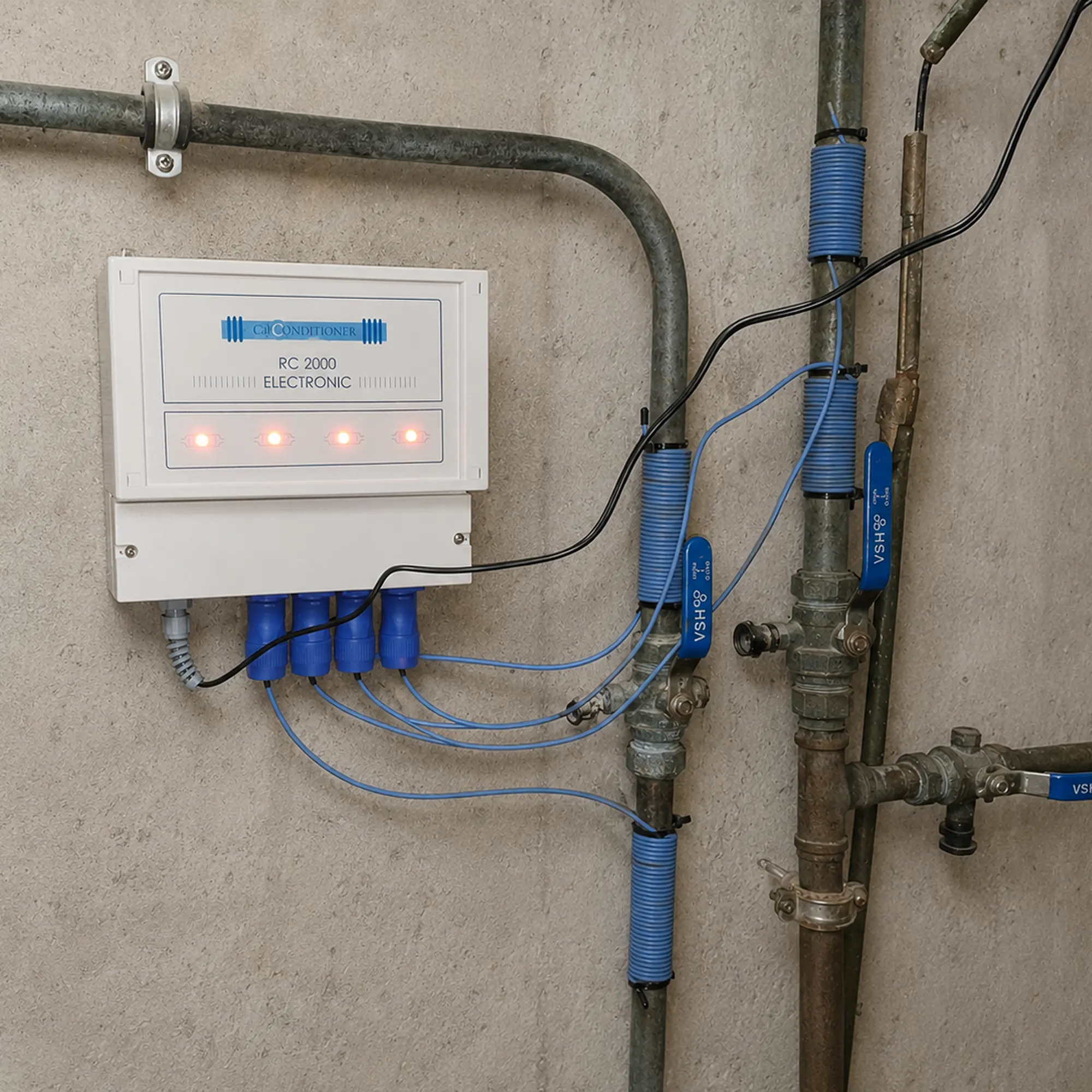 RC2000 elektronischer Entkalker an bestehenden Kupferleitungen mit VSH-Kugelhähnen in einem Technikraum angeschlossen.