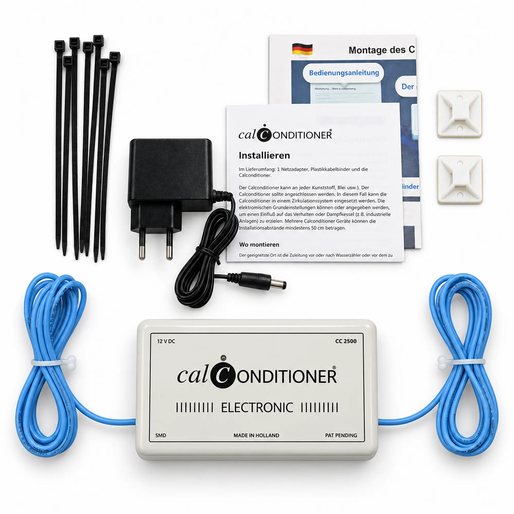 Lieferumfang des Calconditioner CC2500 mit Netzteil und Montagematerial
